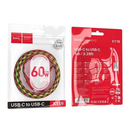 Kabel USB C do USB C Hoco 3A 60W 1 m X116 gradient czerwony