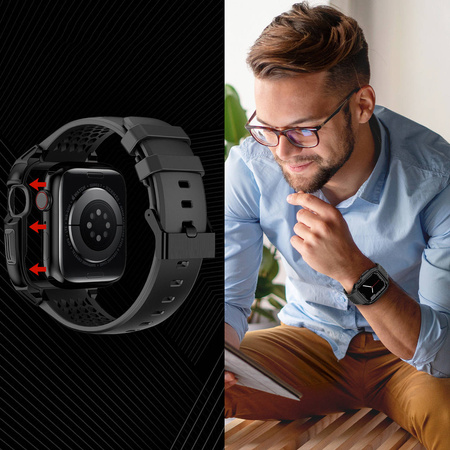 Kingxbar CYF148 2in1 Rugged Case for Apple Watch SE, 6, 5, 4 (44 mm) Stainless Steel with Strap Black