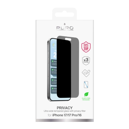 Szkło hartowane Puro Privacy prywatyzujące na iPhone 17 / iPhone 17 Pro / iPhone 16