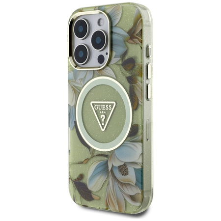 Etui IPHONE 16 PRO Guess Glitter Flowers Triangle Buttons MagSafe zielone