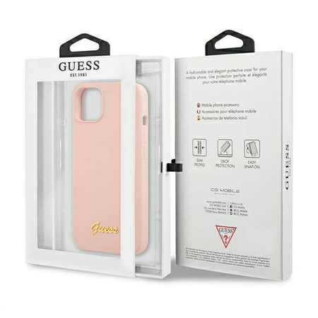 Guess GUHMP13MLSLMGLP iPhone 13 6.1 "Hellrosa / Hellrosa Hardcase Silikonschrift Gold Logo Magsafe