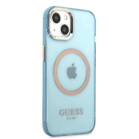 Original Handyhülle IPHONE 13 Guess Hard Case Gold Outline Translucent MagSafe (GUHMP13MHTCMB) blau