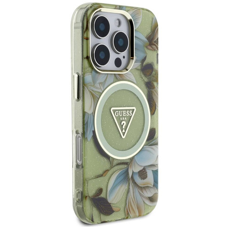 Schutzhülle IPHONE 16 PRO Guess Glitter Flowers Triangle Buttons MagSafe grün