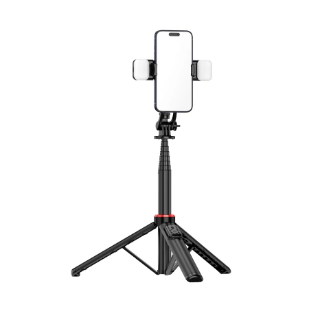Selfie Stick WC12YDS Teleskopstativ 1,3 m aus Aluminiumlegierung mit Dual-Licht und Telefonhalter – Schwarz