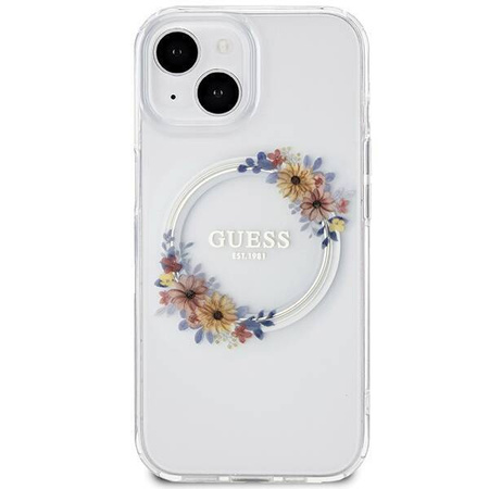 Oryginalne Etui GUESS Hardcase GUHMP15SHFWFCT do iPhone 15 (Kompatybilny z Magsafe / Flowers Wreath / transparent)
