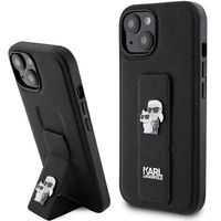 Karl Lagerfeld Gripstand Saffiano Karl&Choupette Pins Hülle für iPhone 15 – Schwarz