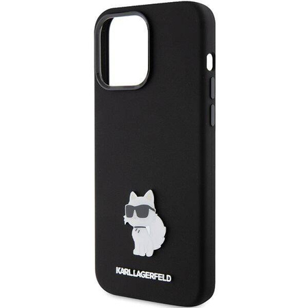 Karl Lagerfeld Choupette Metal Pin-Hülle aus Silikon für iPhone 15 Pro Max – Schwarz