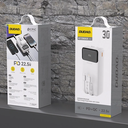 Powerbank Dudao K15MAX 30000mAh PD 22.5W z wbudowanymi kablami - biały