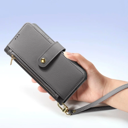 Dux Ducis Lawa Lederhülle für Samsung Galaxy S25 mit abnehmbarer magnetischer Brieftasche – Grau