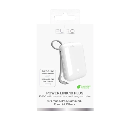 Puro Power Link 10 Plus 10000 mAh Powerbank mit integriertem USB-C-Kabel – Weiß