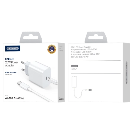 JELLICO ładowarka sieciowa AK180 PD 20W 1xUSB-C + kabel USB-C - USB-C Biały