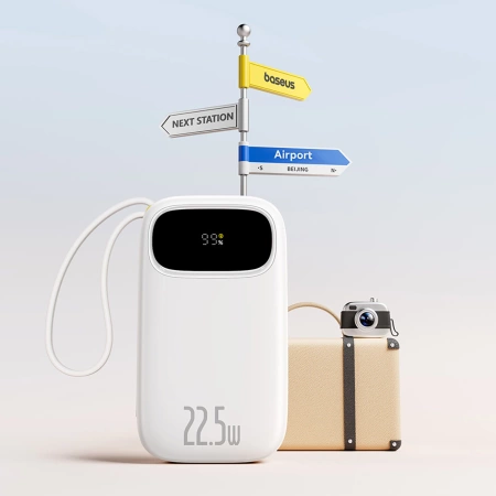 Baseus EnerFill FC31 20000 mAh 22,5 W Powerbank mit Digitalanzeige und 2 integrierten Kabeln (USB-C + Lightning) - Weiß