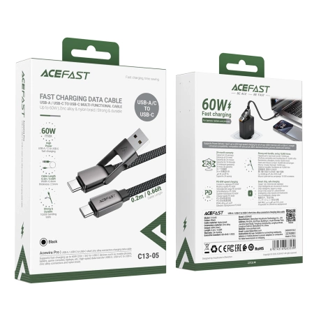 Acefast C13-05 USB-C - USB-A / USB-C Kabel 480Mb/s 3A 0,2m - Schwarz