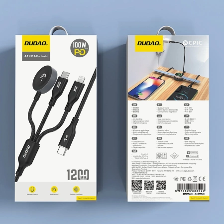 Ladekabel für Apple Watch Dudao A12Max+ PD 100W 3in1: USB-C Lightning 1,2m – Schwarz