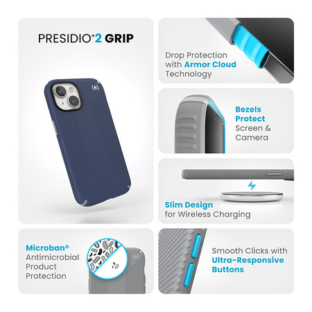 Speck Presidio2 Grip - Etui iPhone 15 / iPhone 14 / iPhone 13 (Coastal Blue / Dustgrey / White)