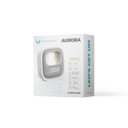 Budzik z nocnym króliczkiem LED PURE FNL-06 AURORA biały kwadratowy Forever Light