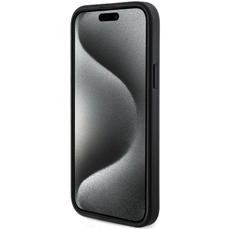 Guess 4G Collection MagSafe-Hülle aus Leder und Metalllogo für iPhone 14/15/13 – Schwarz