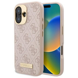 Oryginalne Etui IPHONE 16 Guess Hardcase 4G Logo Plate MagSafe (GUHMP16SU4GPRP) różowe