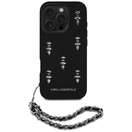 Etui Karl Lagerfeld Saffiano Crystals w/Chain na iPhone 16 Pro - czarne