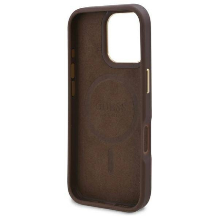 Original Handyhülle IPHONE 16 PRO MAX Guess Hardcase 4G Logo Plate MagSafe (GUHMP16XU4GPRW) braun