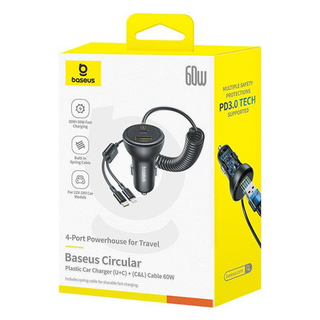Baseus Okrągła plastikowa ładowarka samochodowa (U+C) + kabel C&L 60W czarna
