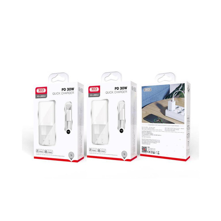 XO ładowarka sieciowa L96 PD 30W QC 3.0 18W 1x USB 1x USB-C biała + kabel USB-C - Lightning