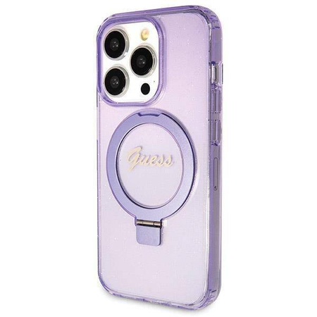 Original Handyhülle IPHONE 13 PRO MAX Guess Hardcase Ring Stand Script Glitter MagSafe (GUHMP13XHRSGSU) violett