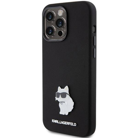 Karl Lagerfeld Choupette Metal Pin-Hülle aus Silikon für iPhone 15 Pro – Schwarz