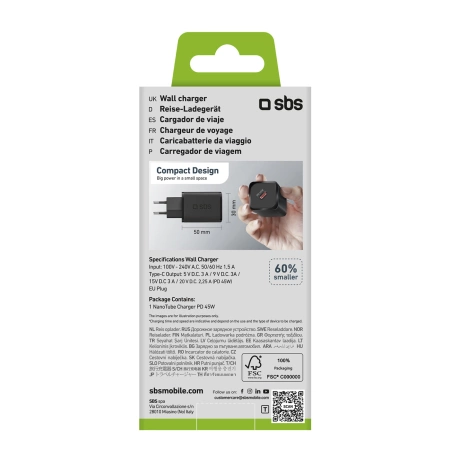 SBS TETRGAN1C45W 45-W-GaN-USB-C-Wandladegerät mit Power Delivery – Schwarz