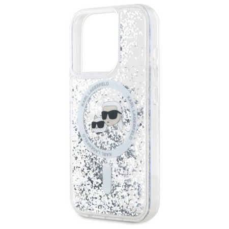 Oryginalne Etui IPHONE 15 PRO Karl Lagerfeld Hardcase Liquid Glitter Karl&Choupette Head MagSafe (KLHMP15LLGKCSGH) transparentne