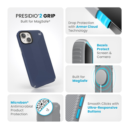 Speck Presidio2 Grip Magsafe - Etui iPhone 15 Plus / iPhone 14 Plus (Coastal Blue / Dustgrey / White)