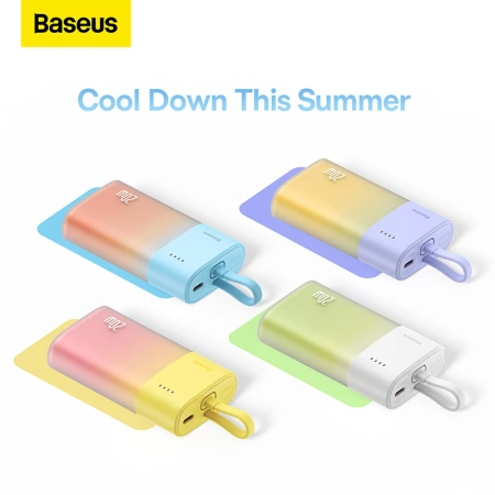 Baseus Popsicle 5200 mAh 20 W Powerbank mit integriertem Lightning Kabel (+ weißes Baseus Simple USB-C – USB-C 60 W/20 V/3 A/30 cm Kabel) – blau-orange
