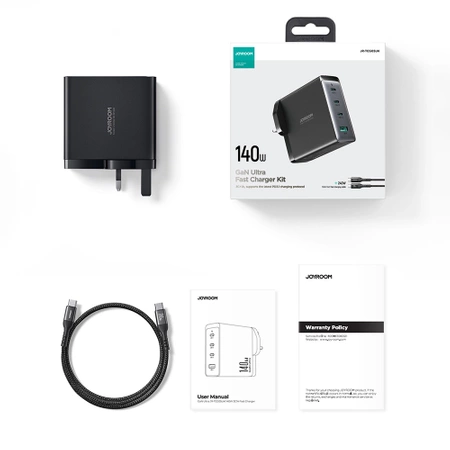 GaN-Ladegerät UK Joyroom JR-TCG05UK 140 W 3x USB-C USB-A + USB-C / USB-C-Kabel 240 W 1,2 m