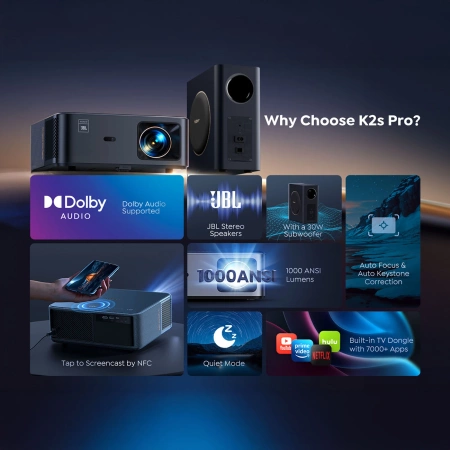 Projektor multimedialny Yaber K2s Pro LCD FullHD 1080p z głośnikami JBL i subwooferem - czarny