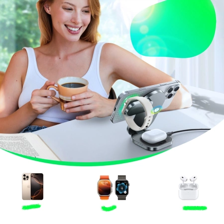 Joyroom JR-W17 Qi 3-in-1 Kabelloses Induktives Ladegerät - Schwarz