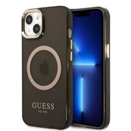Original Handyhülle IPHONE 13 Guess Hard Case Gold Outline Translucent MagSafe (GUHMP13MHTCMK) schwarz