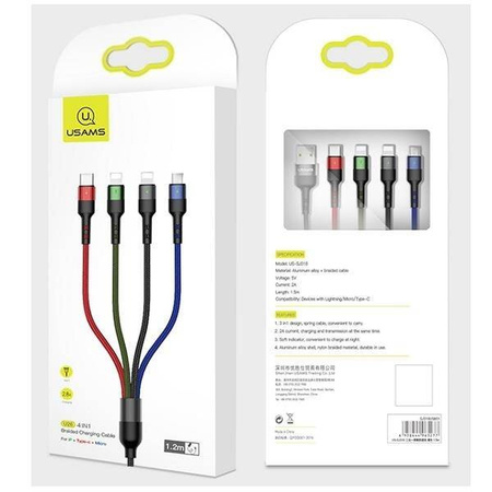 USAMS Kabel pleciony U26 4w1 3m 2A Fast Charge (2xlightning/microUSB/USB-C) SJ413USB01 (US-SJ413)