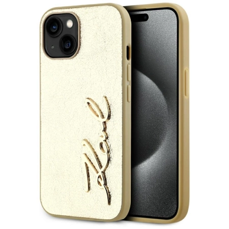Etui Karl Lagerfeld Wrinkled Metal Signature na iPhone 15 - złote
