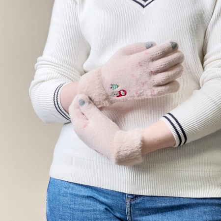 Women's winter telephone gloves with a snowman and a Christmas tree - beige