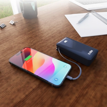 Powerbank SBS 10000 mAh 20W mit integriertem USB-C-Kabel und Digitalanzeige - dunkelgrau