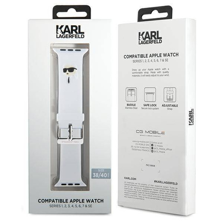 Pasek do APPLE WATCH 4 / 5 / 6 / 7 / 8 / SE (38 / 40 / 41 MM) Karl Lagerfeld Strap 3D Rubber Karl Head (KLAWMSLKNH) białe