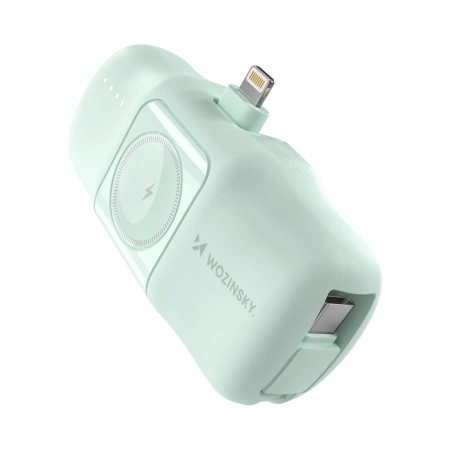 Wozinsky WF16-YLS 5000 mAh 15 W Lightning Mini-Powerbank mit integriertem USB-C-Kabel und Apple Watch Ladegerät – Grün
