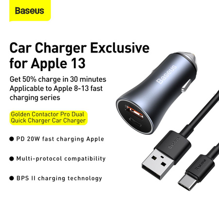 Baseus Golden Contactor Pro szybka ładowarka samochodowa USB Typ C / USB 40 W Power Delivery 3.0 Quick Charge 4+ SCP FCP AFC + kabel USB - USB Typ C szary (TZCCJD-0G)