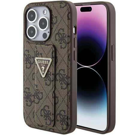 Guess Grip Stand 4G Triangle Strass Hülle für iPhone 15 Pro Max - braun