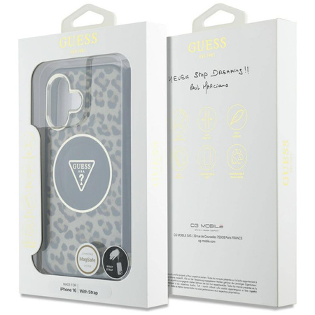 Oryginalne Etui IPHONE 16 Guess HC IML Leopard Triangle Cord Strap brązowe