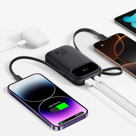 Baseus EnerFill FC31 10000mAh 22.5W Powerbank with Digital Display and 2 Built-in Cables (USB-C + Lightning) - Black