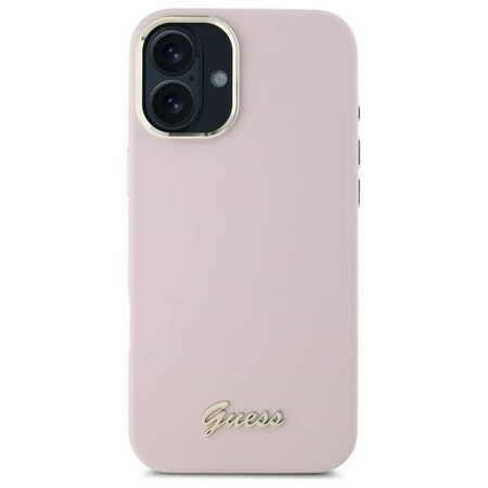 Oryginalne Etui IPHONE 16 Guess Hardcase Silicone Script Metal Logo & Frame (GUHCP16SSMBSLP) różowe
