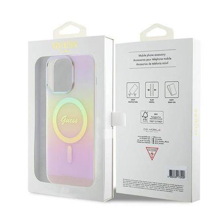 Oryginalne Etui APPLE IPHONE 15 PRO MAX Guess Hardcase IML Iridescent MagSafe (GUHMP15XHITSP) różowe