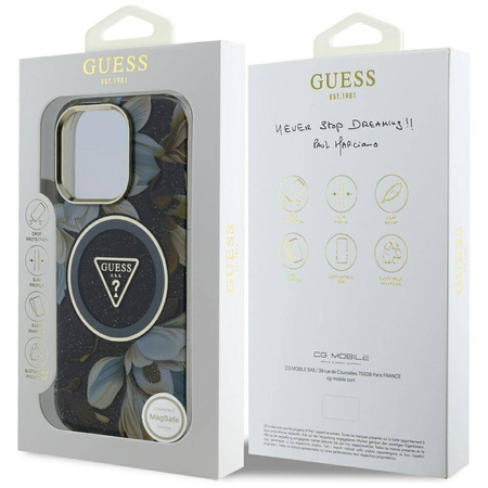 Case IPHONE 16 PRO Guess Glitter Flowers Triangle Buttons MagSafe black