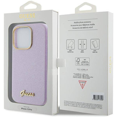 Etui Guess Glitter Glossy Script do iPhone 15 Pro Max - liliowe